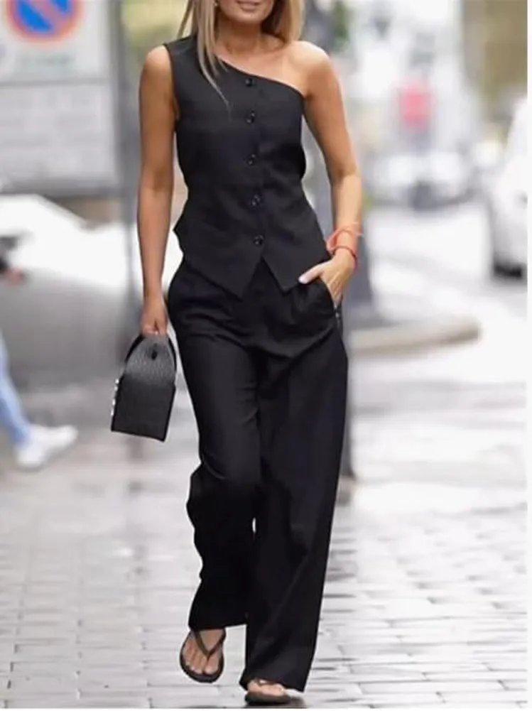 2 PC Womens Outfits One Shoulder Vest Tops Sleeveless Blazer Vest with Pants Formal Suit Women Tuxedos Suit