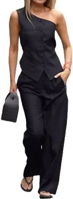 2 PC Womens Outfits One Shoulder Vest Tops Sleeveless Blazer Vest with Pants Formal Suit Women Tuxedos Suit
