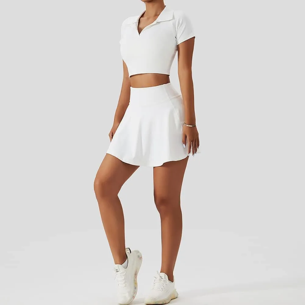 2 Piece Tennis Dress for Women High Waist Pleated Tennis Skirt with Shorts Short Sleeve Crop Golf Workout Skirts Sets