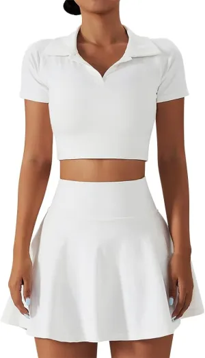 2 Piece Tennis Dress for Women High Waist Pleated Tennis Skirt with Shorts Short Sleeve Crop Golf Workout Skirts Sets