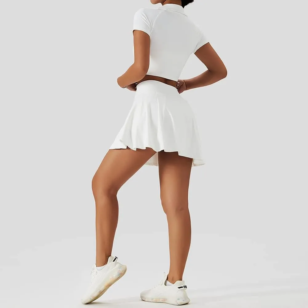 2 Piece Tennis Dress for Women High Waist Pleated Tennis Skirt with Shorts Short Sleeve Crop Golf Workout Skirts Sets