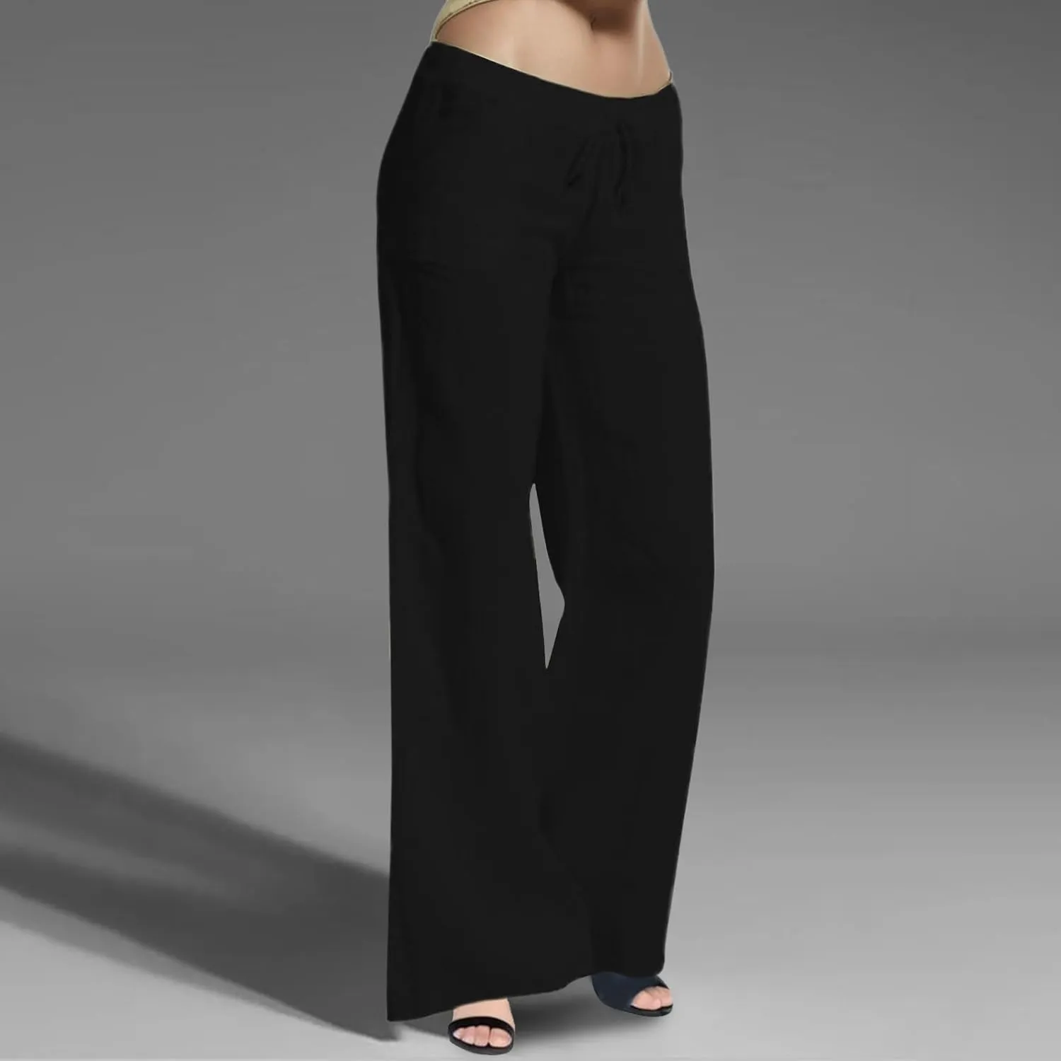 2024 Women's Summer Linen Pants Solid Wide Leg Beach Pants Drawstring Waist Loose Trouser Cotton Linen Yoga Palazzo Pants