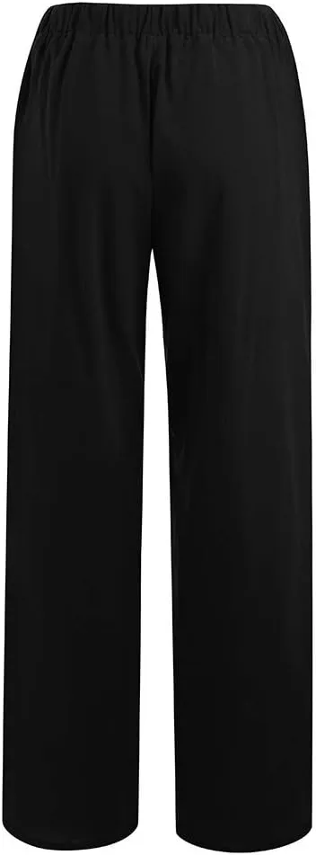 2024 Women's Summer Linen Pants Solid Wide Leg Beach Pants Drawstring Waist Loose Trouser Cotton Linen Yoga Palazzo Pants
