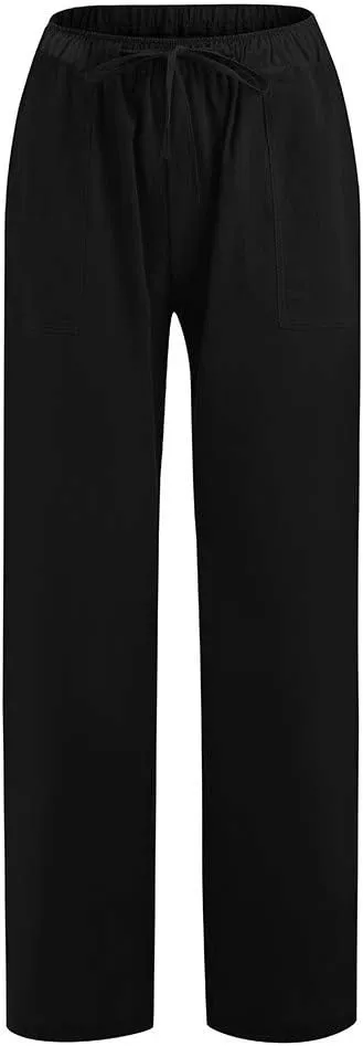 2024 Women's Summer Linen Pants Solid Wide Leg Beach Pants Drawstring Waist Loose Trouser Cotton Linen Yoga Palazzo Pants