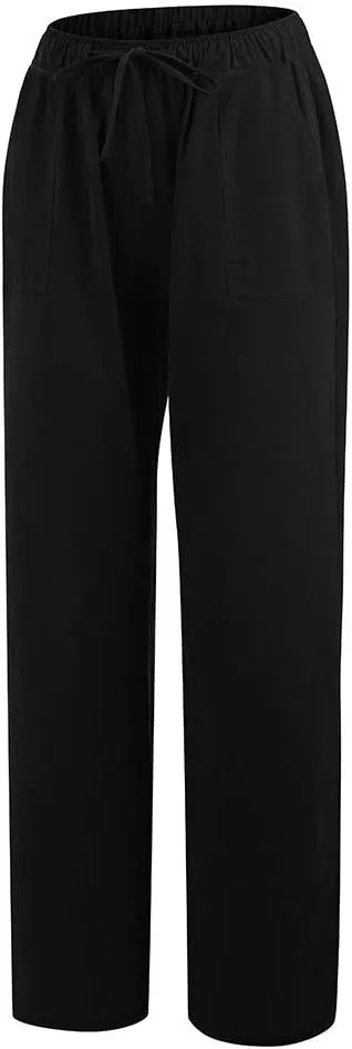 2024 Women's Summer Linen Pants Solid Wide Leg Beach Pants Drawstring Waist Loose Trouser Cotton Linen Yoga Palazzo Pants