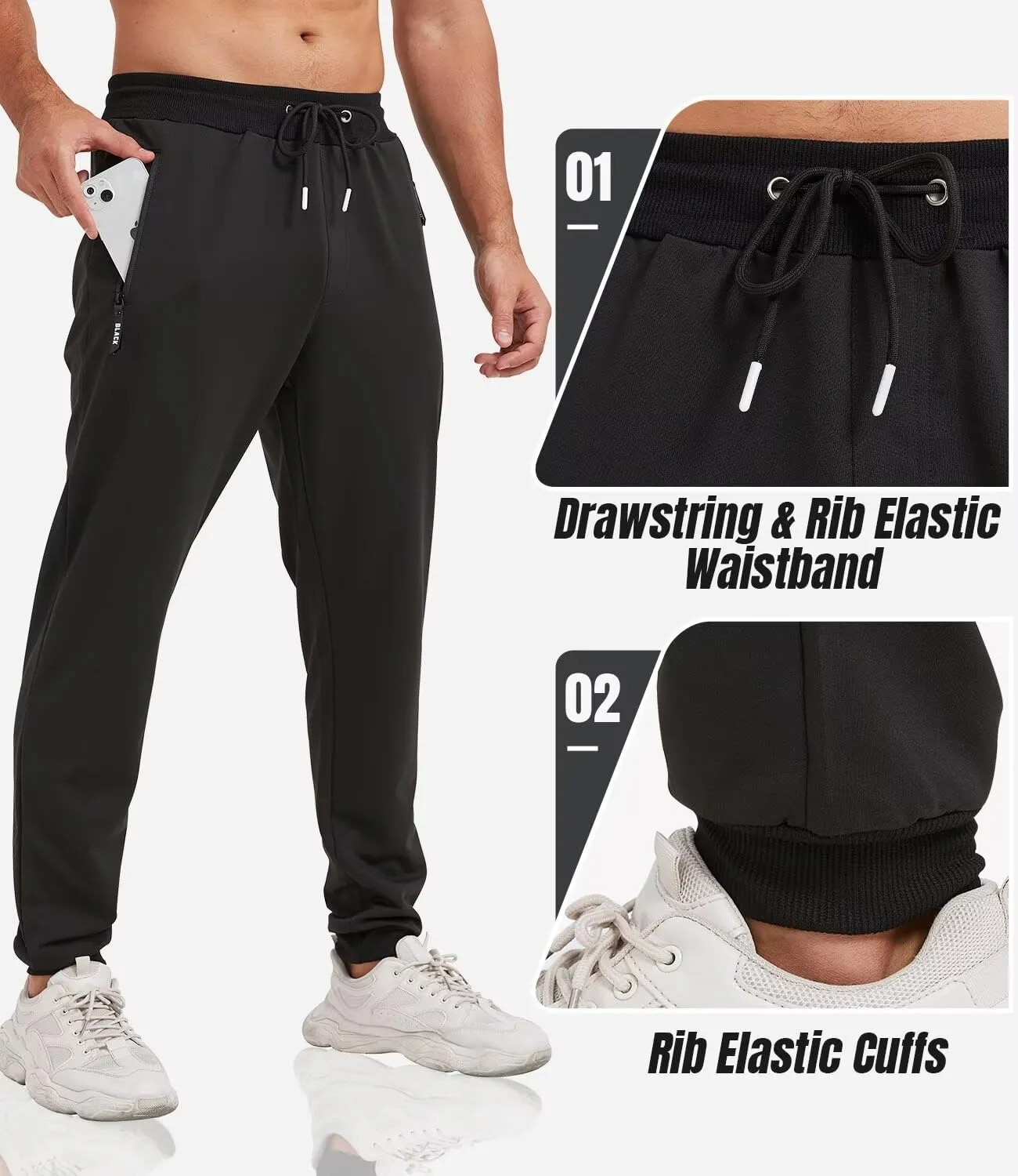 3 Pack Sweatpants for Men Tapered Mens Joggers Pants with Zip Pockets Fleece Slim Fit Workout Running Gym Sweat Pants