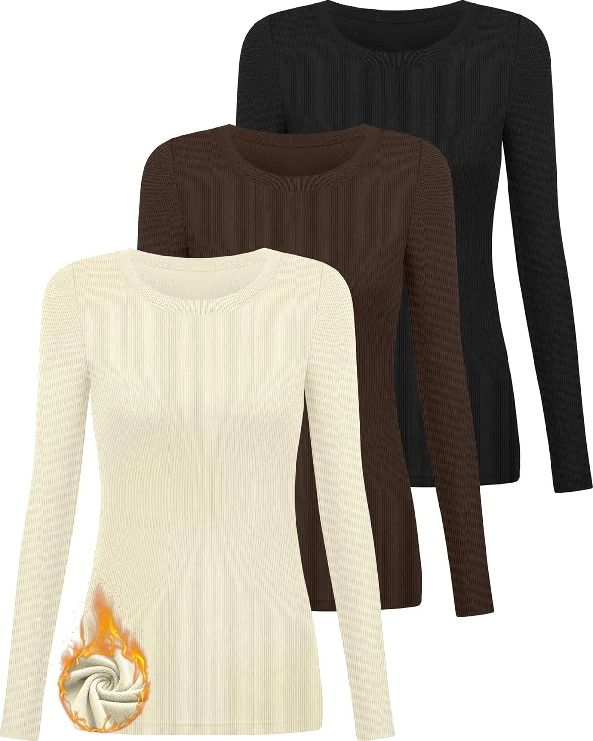 3 Pack Women's Ribbed Long Sleeve Thermal Tops Thin Fleece Lined Crew Neck Shirts Warm Winter Basic Undershirt Tee
