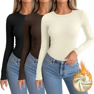 3 Pack Women's Ribbed Long Sleeve Thermal Tops Thin Fleece Lined Crew Neck Shirts Warm Winter Basic Undershirt Tee