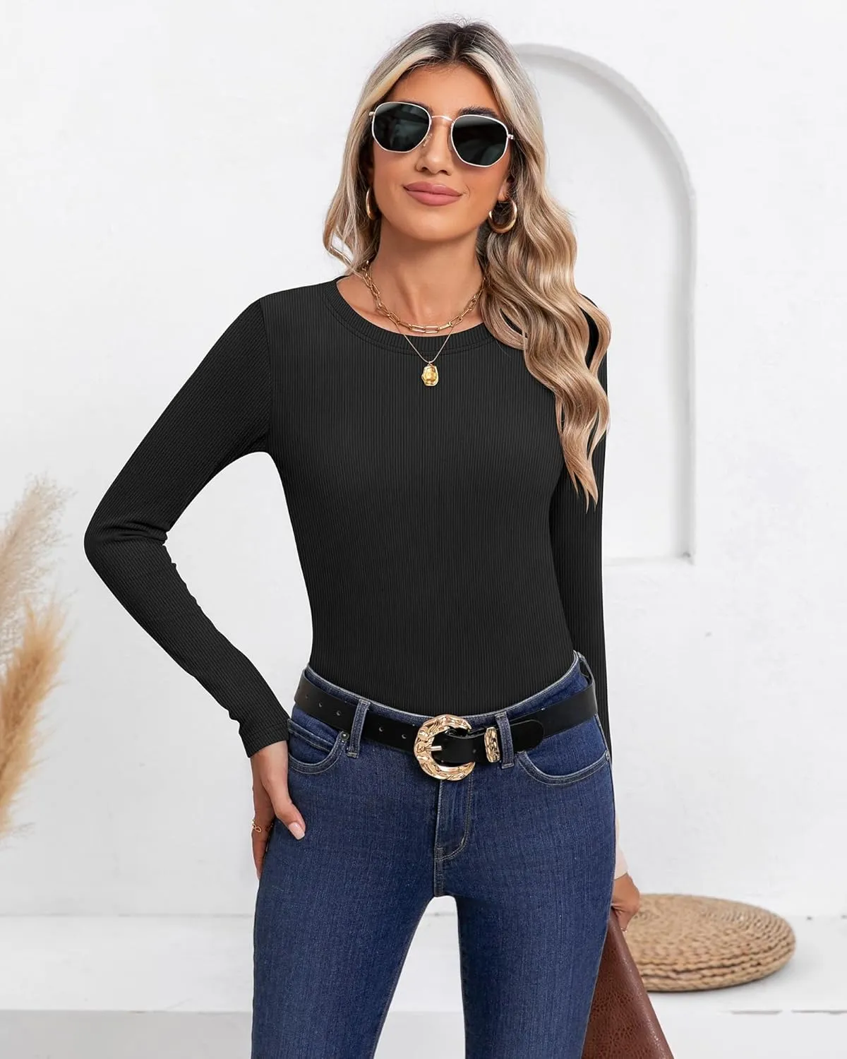 3 Pack Women's Ribbed Long Sleeve Thermal Tops Thin Fleece Lined Crew Neck Shirts Warm Winter Basic Undershirt Tee