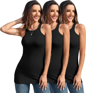 3Packs Cotton Ribbed High Neck Long Tank Top for Women Racerback Yoga Top Layering Undershirts Camisole