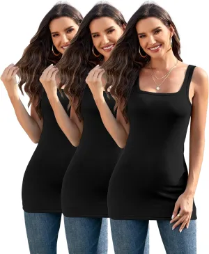 3Packs Cotton Ribbed Square Neck Long Tank Top for Women Yoga Top Layering Undershirts Camisole