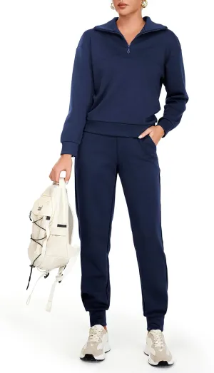 AFITNE Women's 2 Piece Outfits Sweatsuits Long Sleeve Tracksuit Casual Lapel Half Zip Sweatshirt Joggers Sweatpants Set
