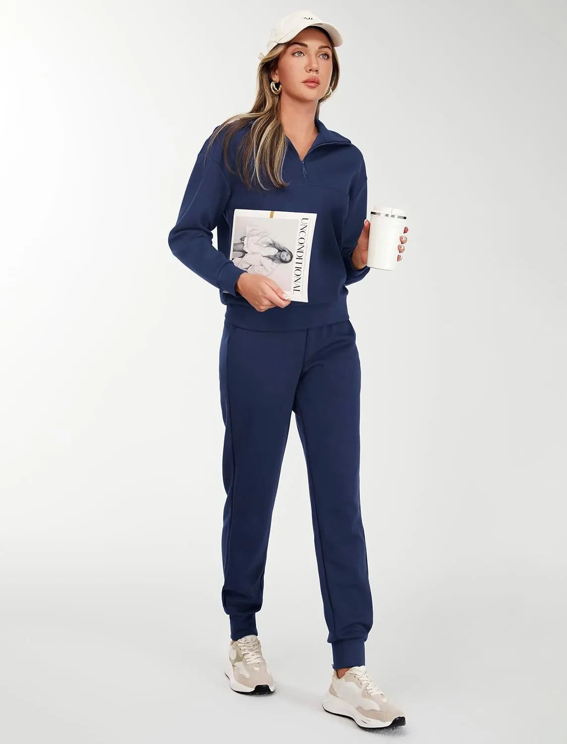 AFITNE Women's 2 Piece Outfits Sweatsuits Long Sleeve Tracksuit Casual Lapel Half Zip Sweatshirt Joggers Sweatpants Set