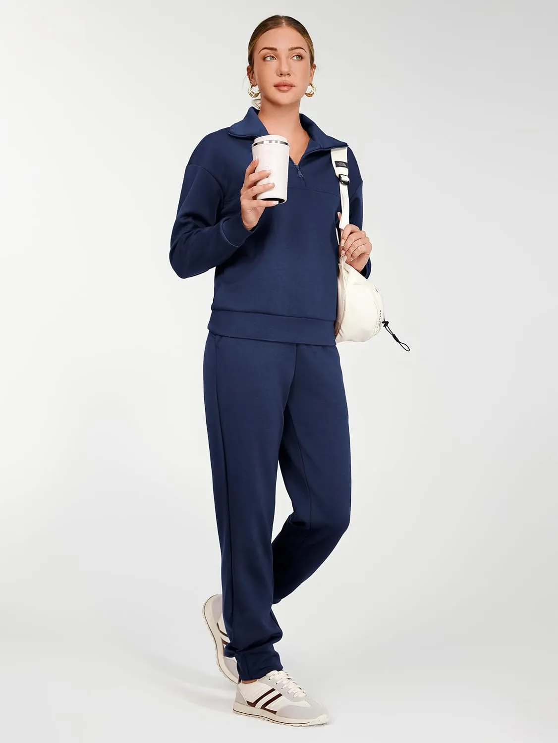 AFITNE Women's 2 Piece Outfits Sweatsuits Long Sleeve Tracksuit Casual Lapel Half Zip Sweatshirt Joggers Sweatpants Set