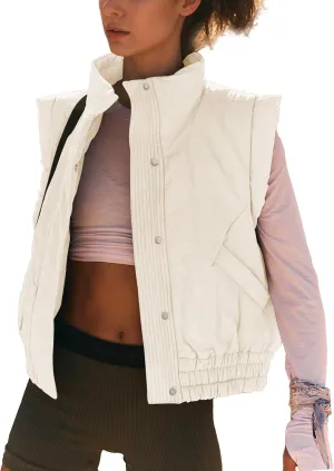 Ainangua Women Cropped Puffer Vest Button Sleeveless Light Jacket Scrunch Stand Collar Essentials Gilet with Pockets