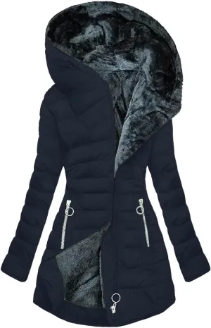 Akklian Winter Hooded Cotton Coats for Women Sherpa Waisted Fleece Jacket Fluffy Quilted Coat Padded Warm Parkas with Pockets
