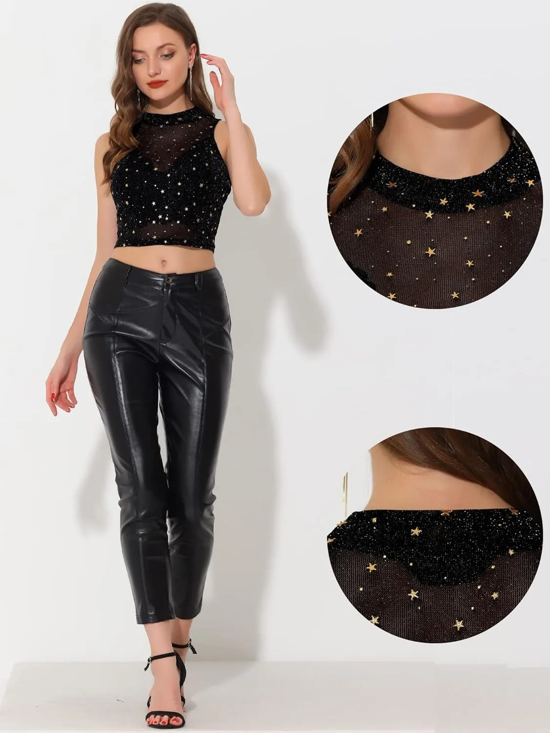 Allegra K Star Mesh Crop Top for Women's Metallic Mock Neck Sleeveless See Through Party Tank Top