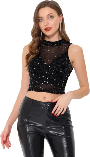 Allegra K Star Mesh Crop Top for Women's Metallic Mock Neck Sleeveless See Through Party Tank Top