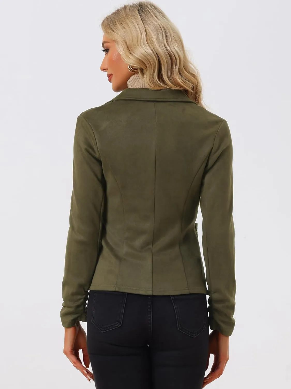 Allegra K Women's Long Sleeve Casual Open Front Drawstring Faux Suede Blazer