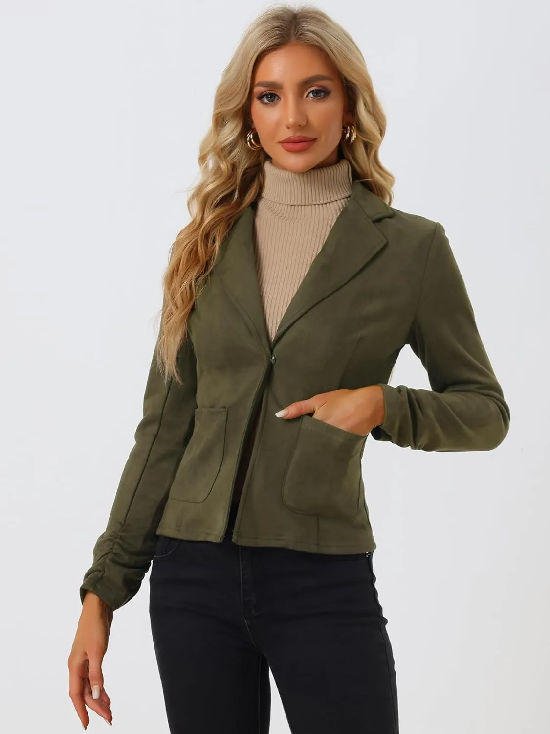 Allegra K Women's Long Sleeve Casual Open Front Drawstring Faux Suede Blazer