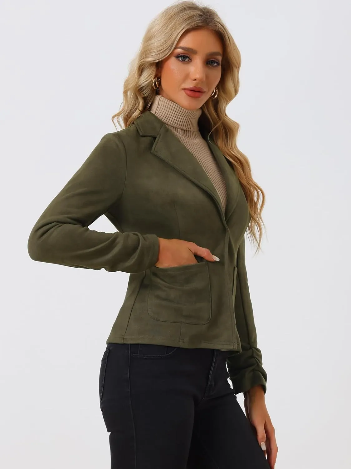 Allegra K Women's Long Sleeve Casual Open Front Drawstring Faux Suede Blazer