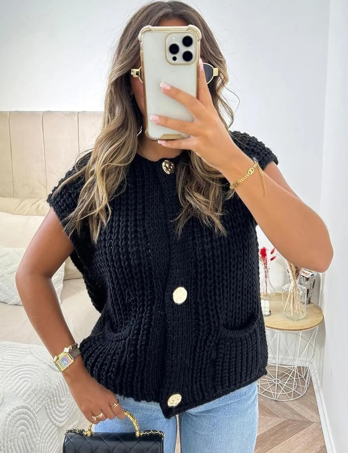 Arssm Women Button Down Sweater Vest Sleeveless Crop Knit Cardigan Cropped Knitted Sweater Vest with Pockets