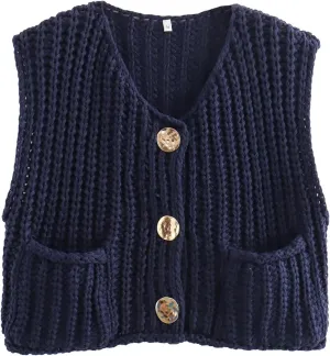 Arssm Women Button Down Sweater Vest Sleeveless Crop Knit Cardigan Cropped Knitted Sweater Vest with Pockets