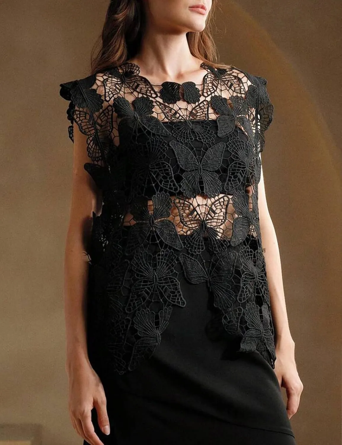 Arssm Womens Hollow Out Floral Lace Vest Crewneck See Through Tank Top Loose Fit Summer Crochet Cover Up