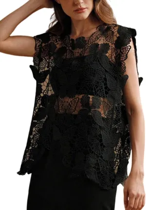Arssm Womens Hollow Out Floral Lace Vest Crewneck See Through Tank Top Loose Fit Summer Crochet Cover Up