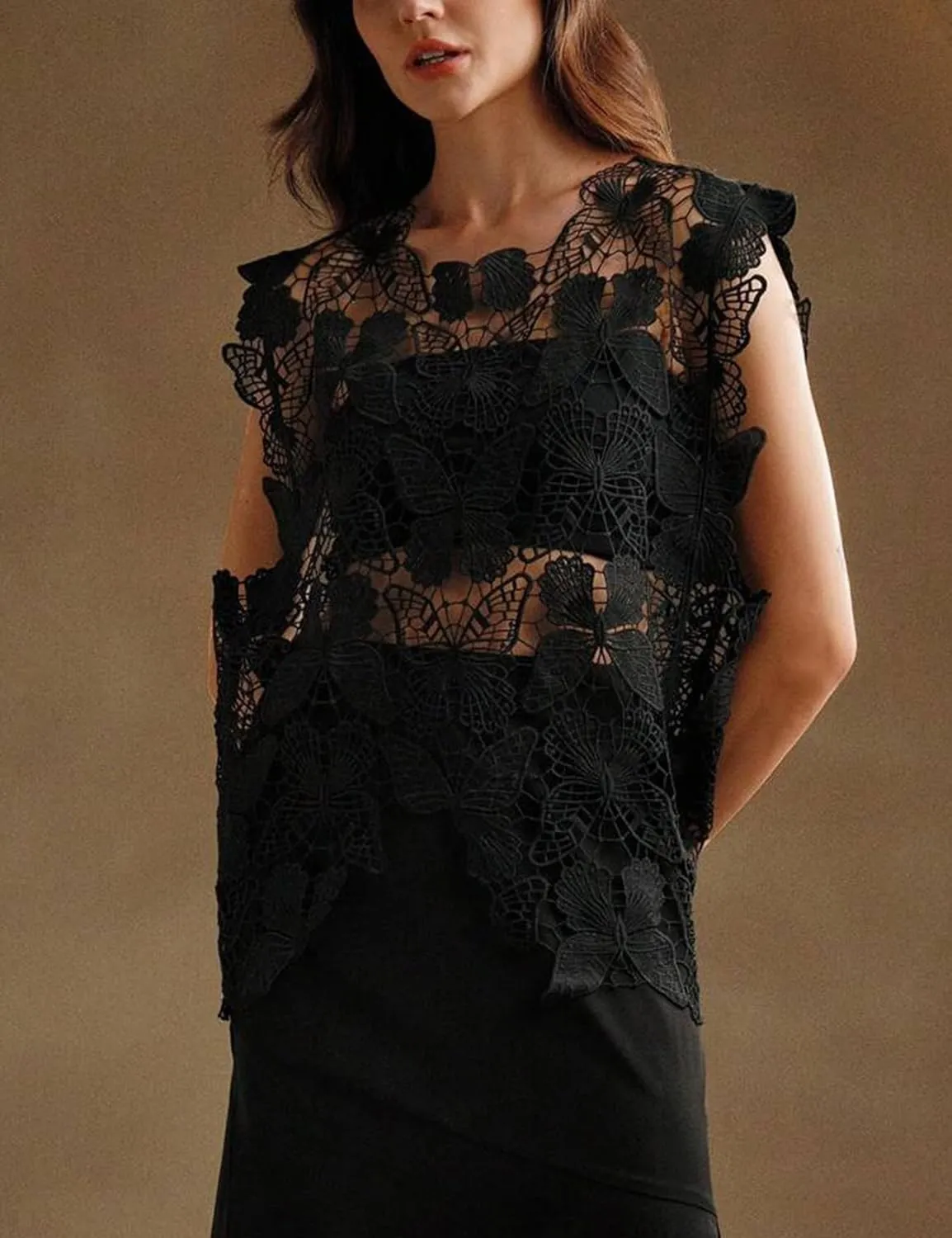 Arssm Womens Hollow Out Floral Lace Vest Crewneck See Through Tank Top Loose Fit Summer Crochet Cover Up