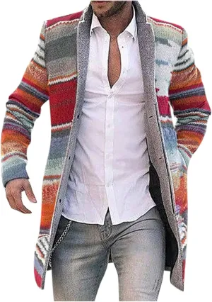 Aztec Jacket for Men, Mid Length Cardigan Sweaters, Shawl Collar Long Sleeve Open Front Button Jumper with Pockets