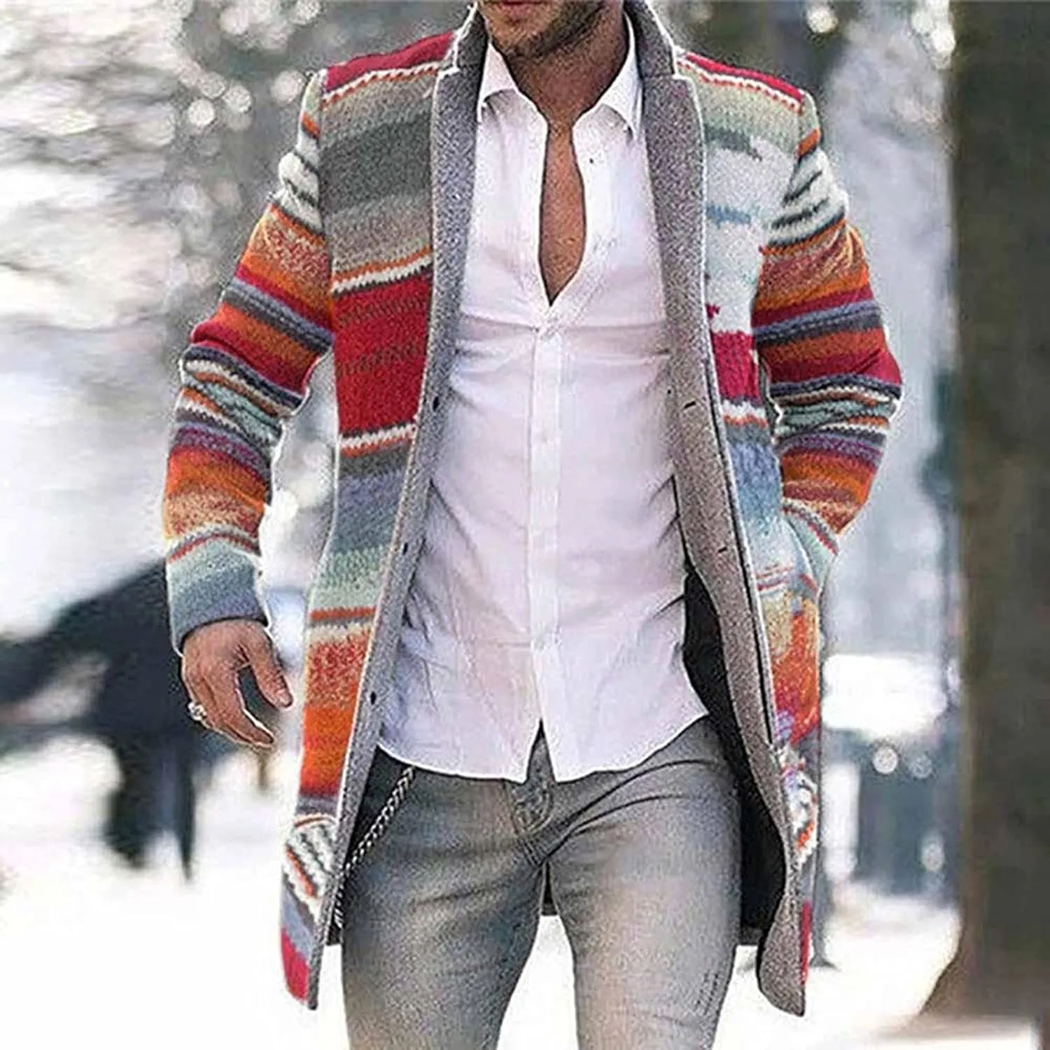 Aztec Jacket for Men, Mid Length Cardigan Sweaters, Shawl Collar Long Sleeve Open Front Button Jumper with Pockets
