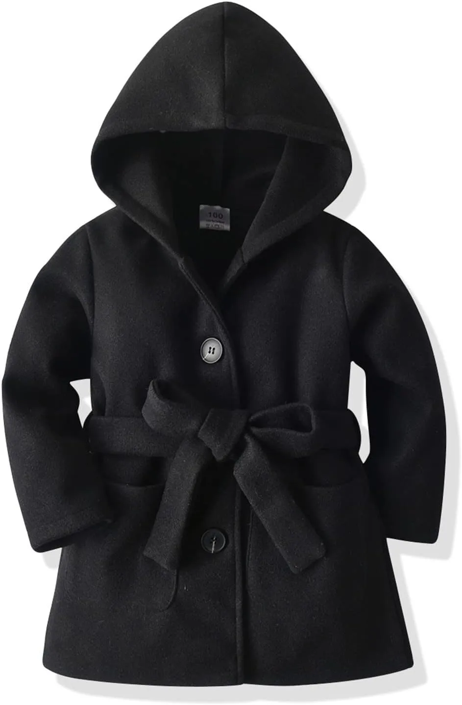 Baby Kids Girls Wool Blend Coat Winter Lapel Button Warm Hooded Jackets Trench Coat Outwear with Belt