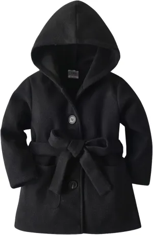 Baby Kids Girls Wool Blend Coat Winter Lapel Button Warm Hooded Jackets Trench Coat Outwear with Belt