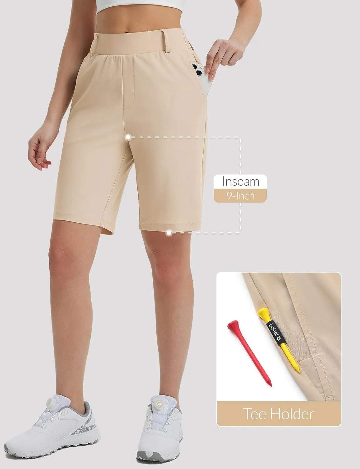 BALEAF Women's Golf Shorts 9'' Knee Length Stretch Bermuda Long Shorts Belt Loops Pockets Casual Work UPF 50 