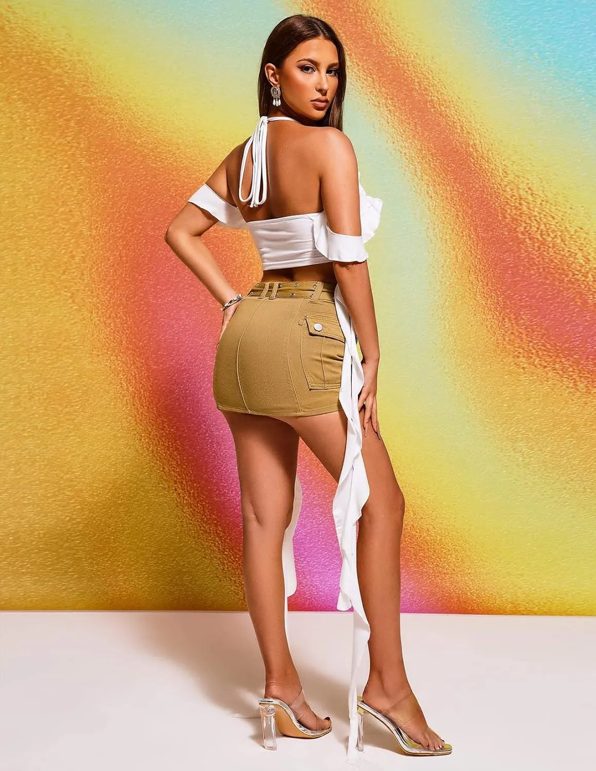 BELLA BARNETT Halter Neck Strap Ruffle Stitching Cropped Top for Women, Spice Girl Hollow Camisole Top