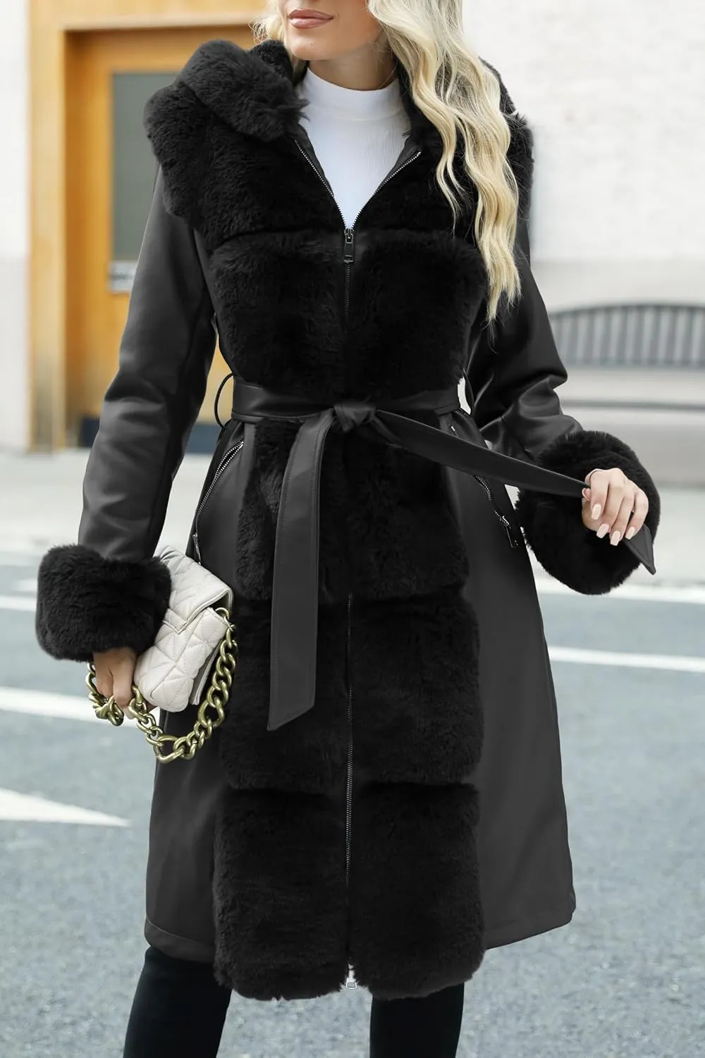 Bellivera Women's Wool Pea Coat Faux Fur Jacket Winter Warm Parka Overcoat with Belt