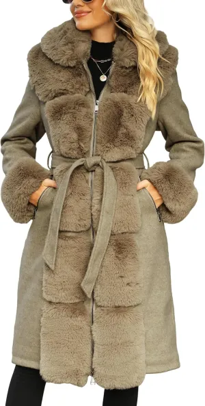 Bellivera Women's Wool Pea Coat Faux Fur Jacket Winter Warm Parka Overcoat with Belt