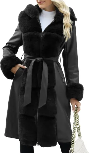 Bellivera Women's Wool Pea Coat Faux Fur Jacket Winter Warm Parka Overcoat with Belt