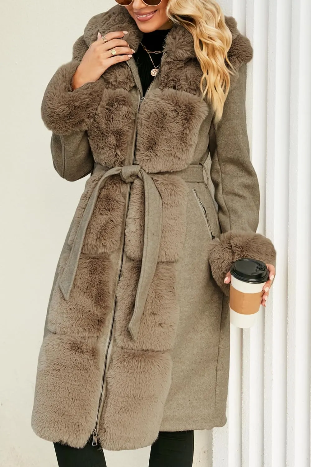 Bellivera Women's Wool Pea Coat Faux Fur Jacket Winter Warm Parka Overcoat with Belt