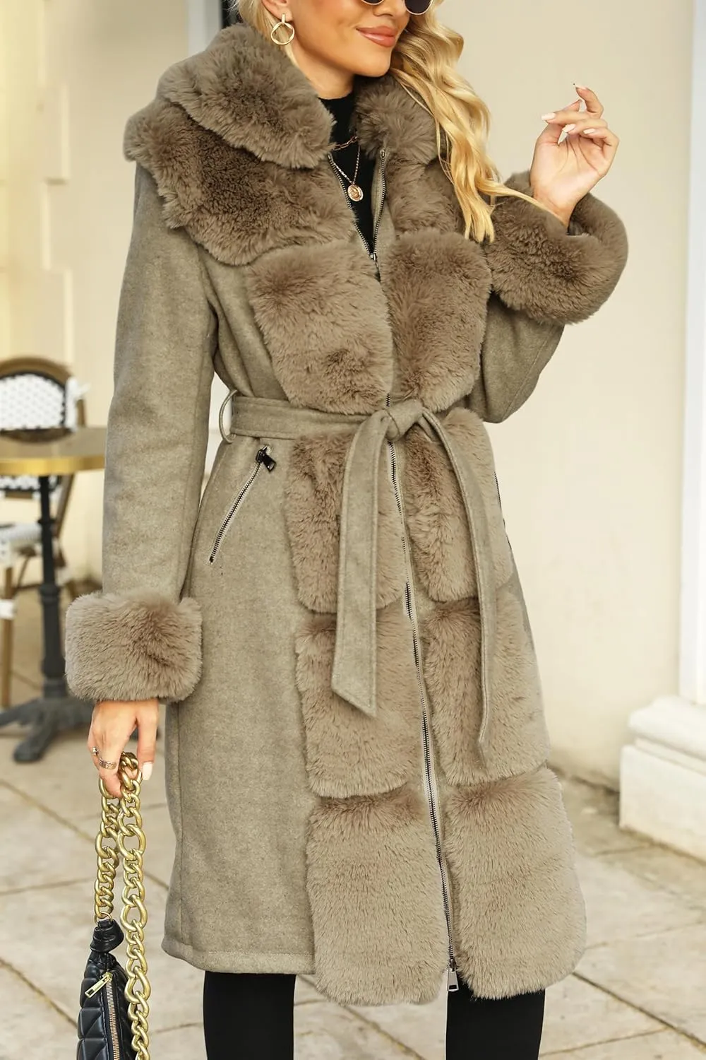 Bellivera Women's Wool Pea Coat Faux Fur Jacket Winter Warm Parka Overcoat with Belt