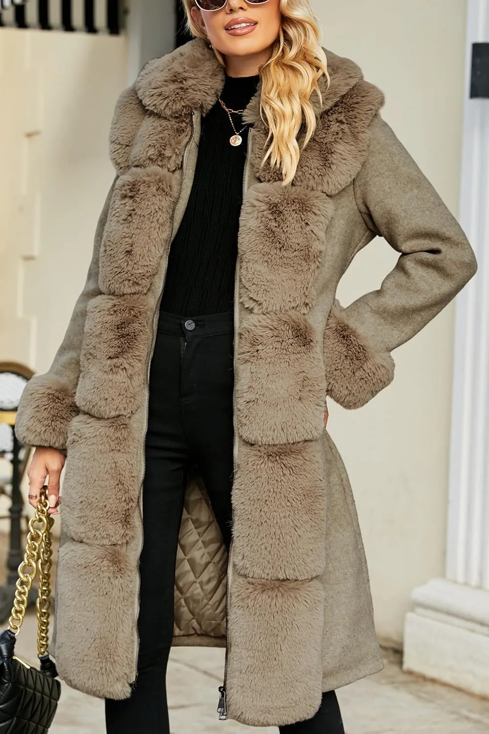Bellivera Women's Wool Pea Coat Faux Fur Jacket Winter Warm Parka Overcoat with Belt