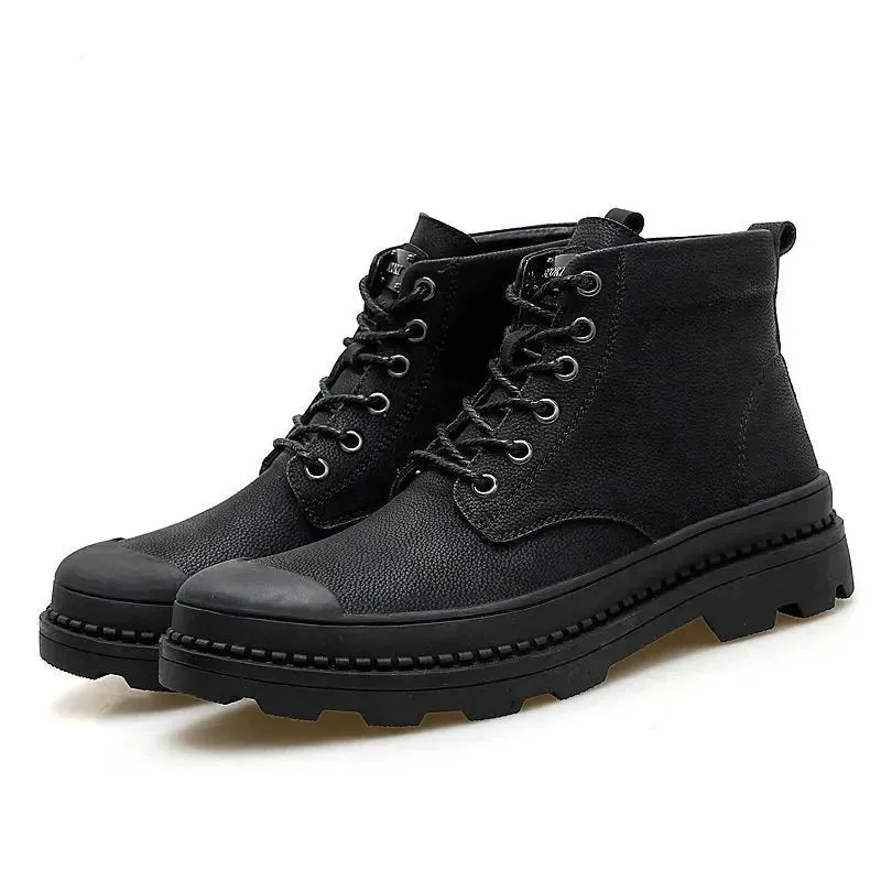 Black Warm Winter Men Boots Genuine Leather Ankle Boots Men Winter Daily Work Shoes Military Fur Snow Boots for Men Botas