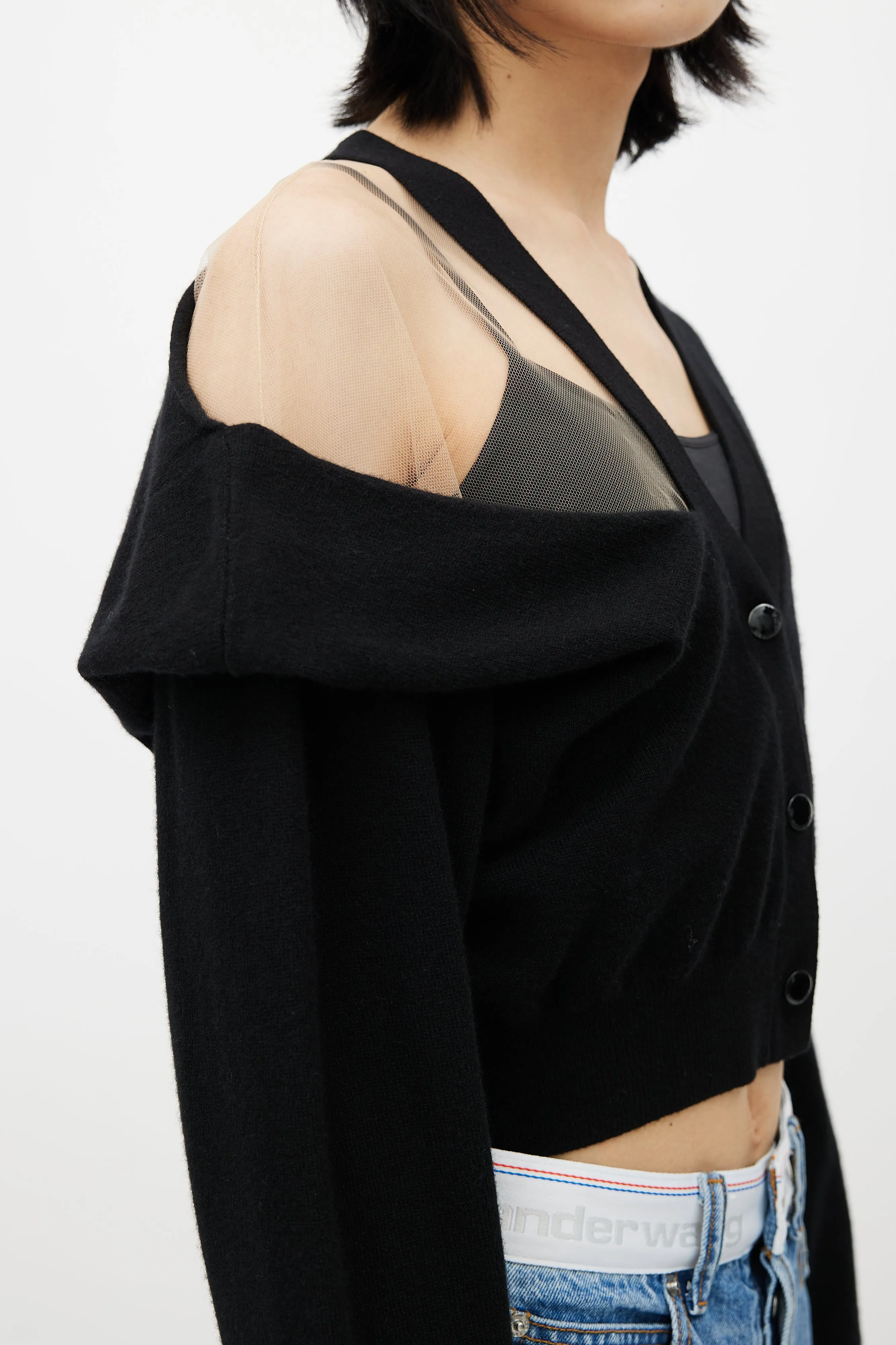 Black Wool & Beige Mesh Cardigan