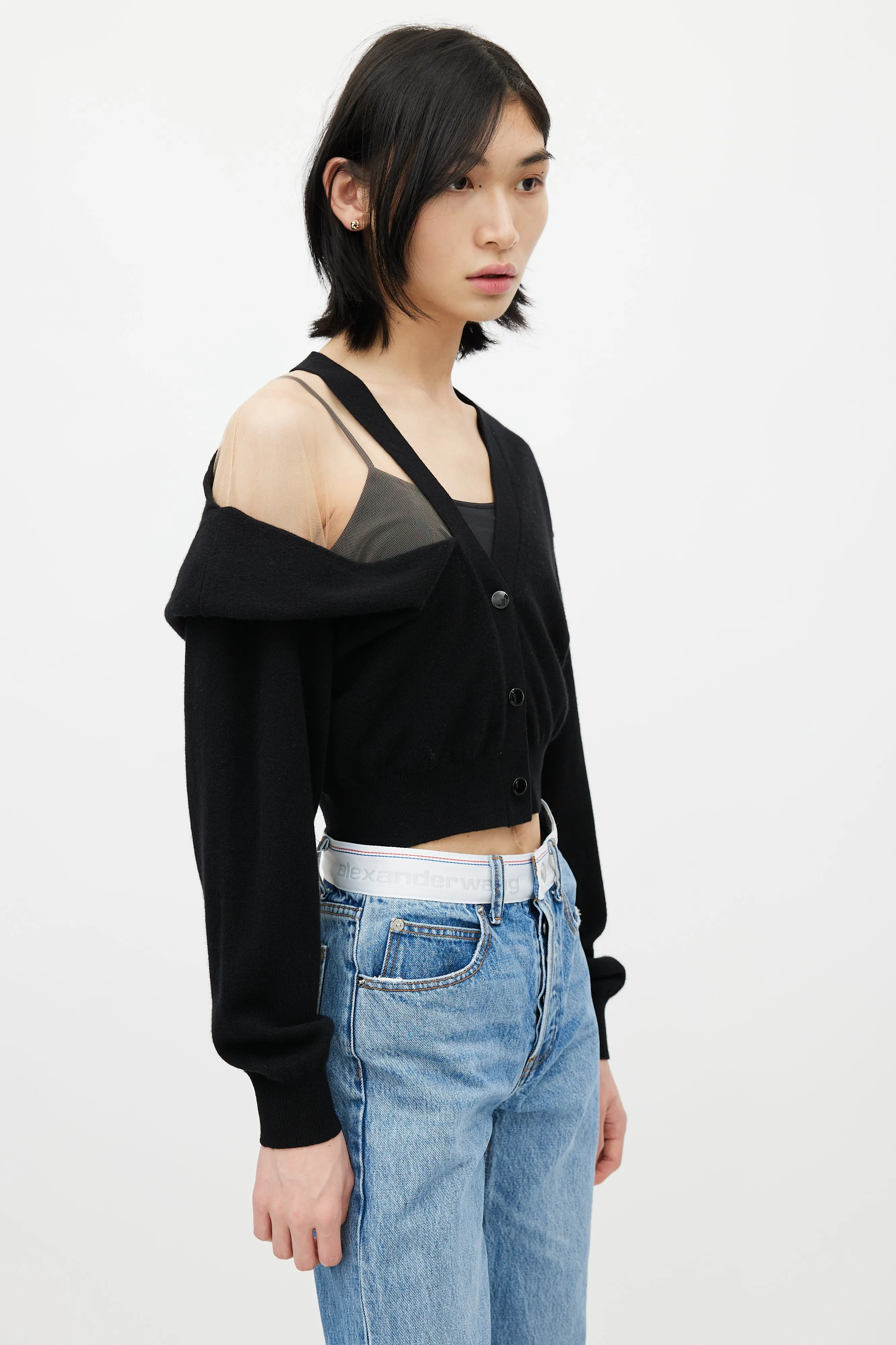 Black Wool & Beige Mesh Cardigan