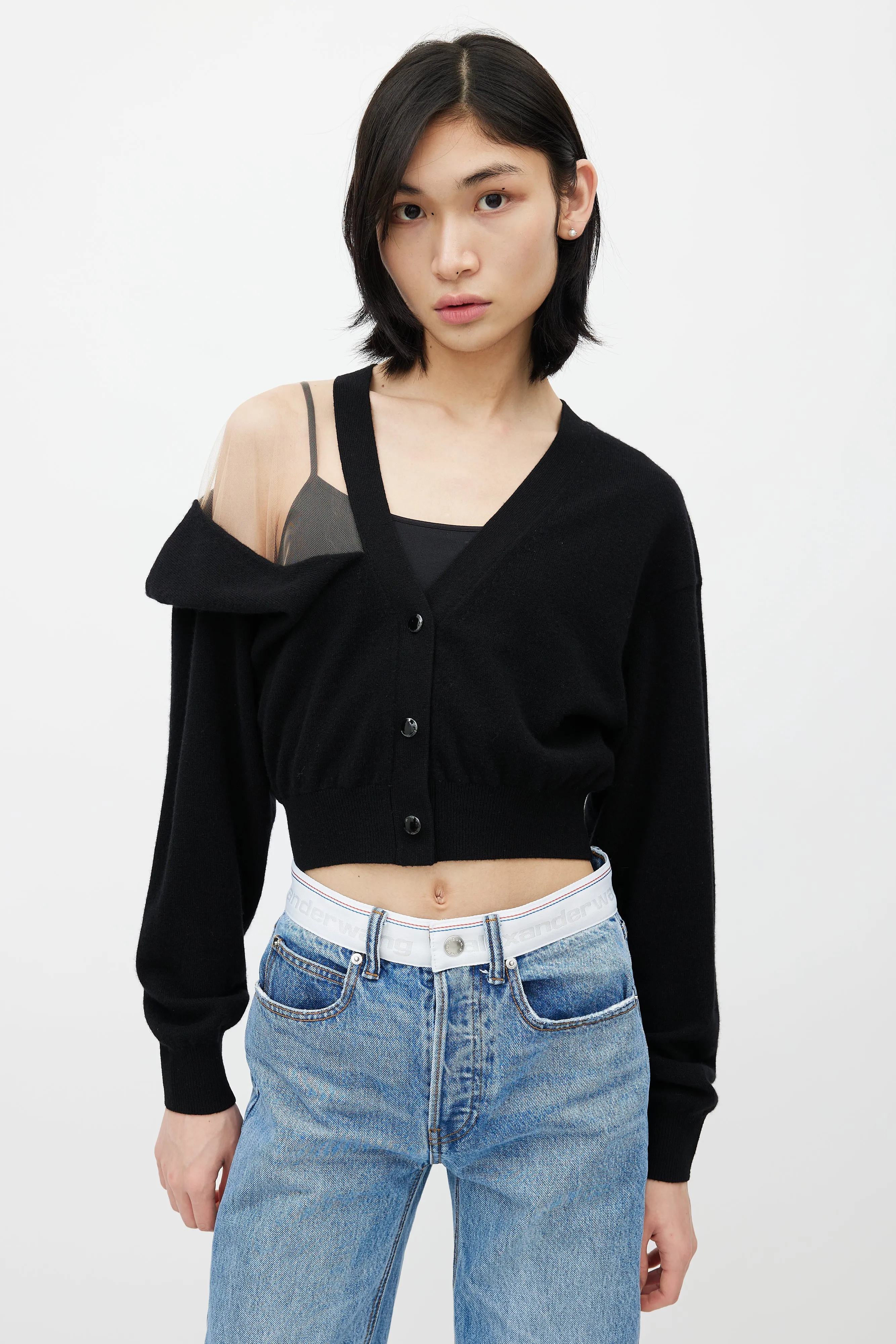 Black Wool & Beige Mesh Cardigan