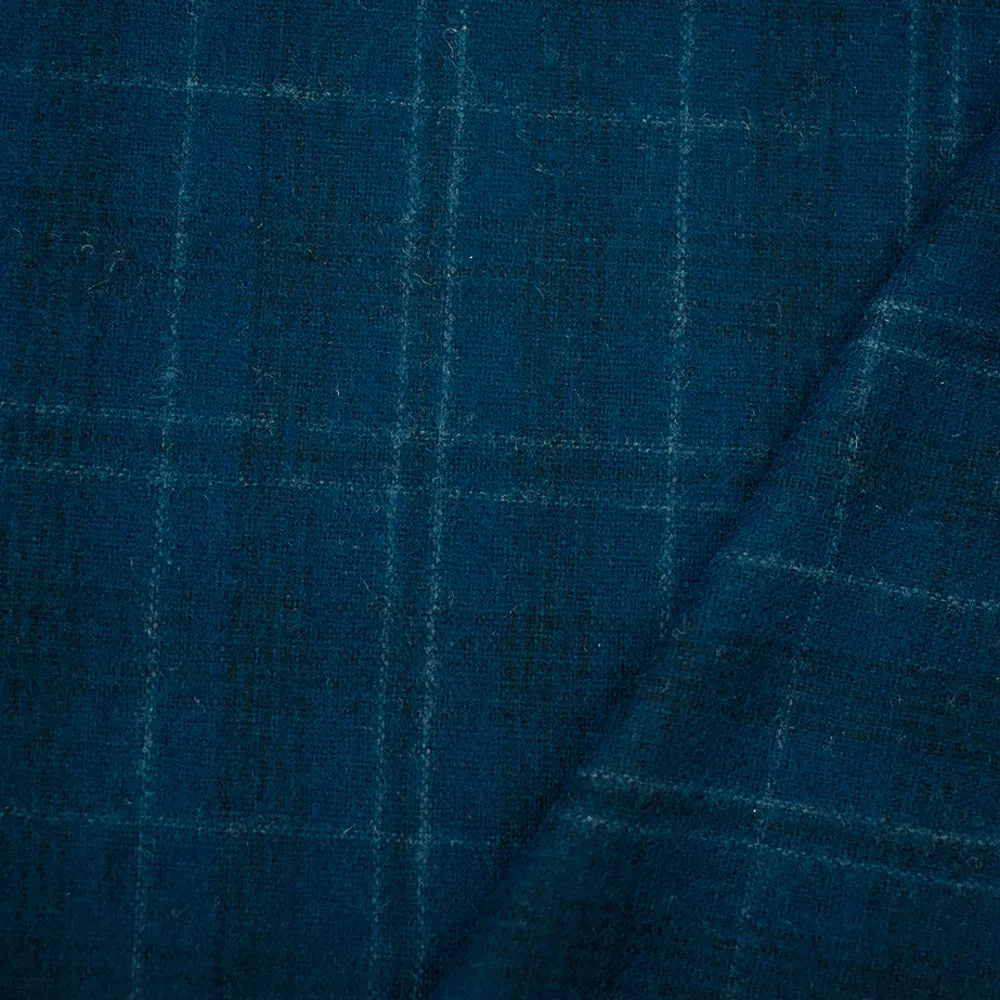 Blue-Black-White Melton Wool Blend Plaid Woven Jacketing Fabric