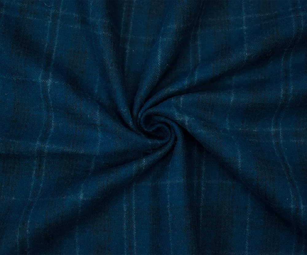 Blue-Black-White Melton Wool Blend Plaid Woven Jacketing Fabric