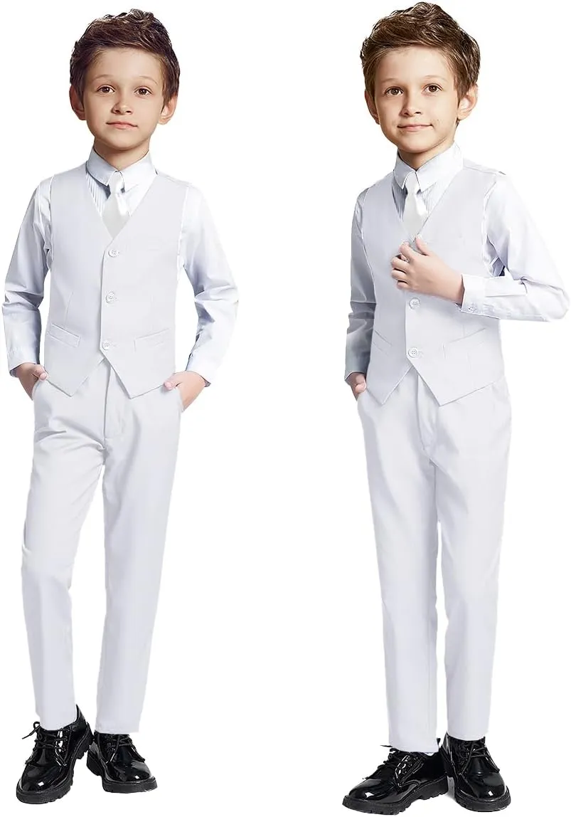 Boys 4 Pieces Suits Slim Fit Kids Outfits Vest Pants Sets Black Blue Formal Dresswear for Boy