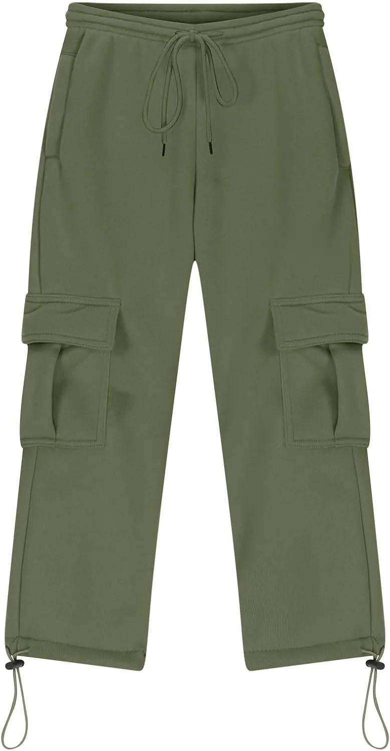 Boys' Open Bottom Fleece-Lined Sweatpants with Pockets High Elastic Waist Baggy Wide Straight Leg Pants 5-15 Years